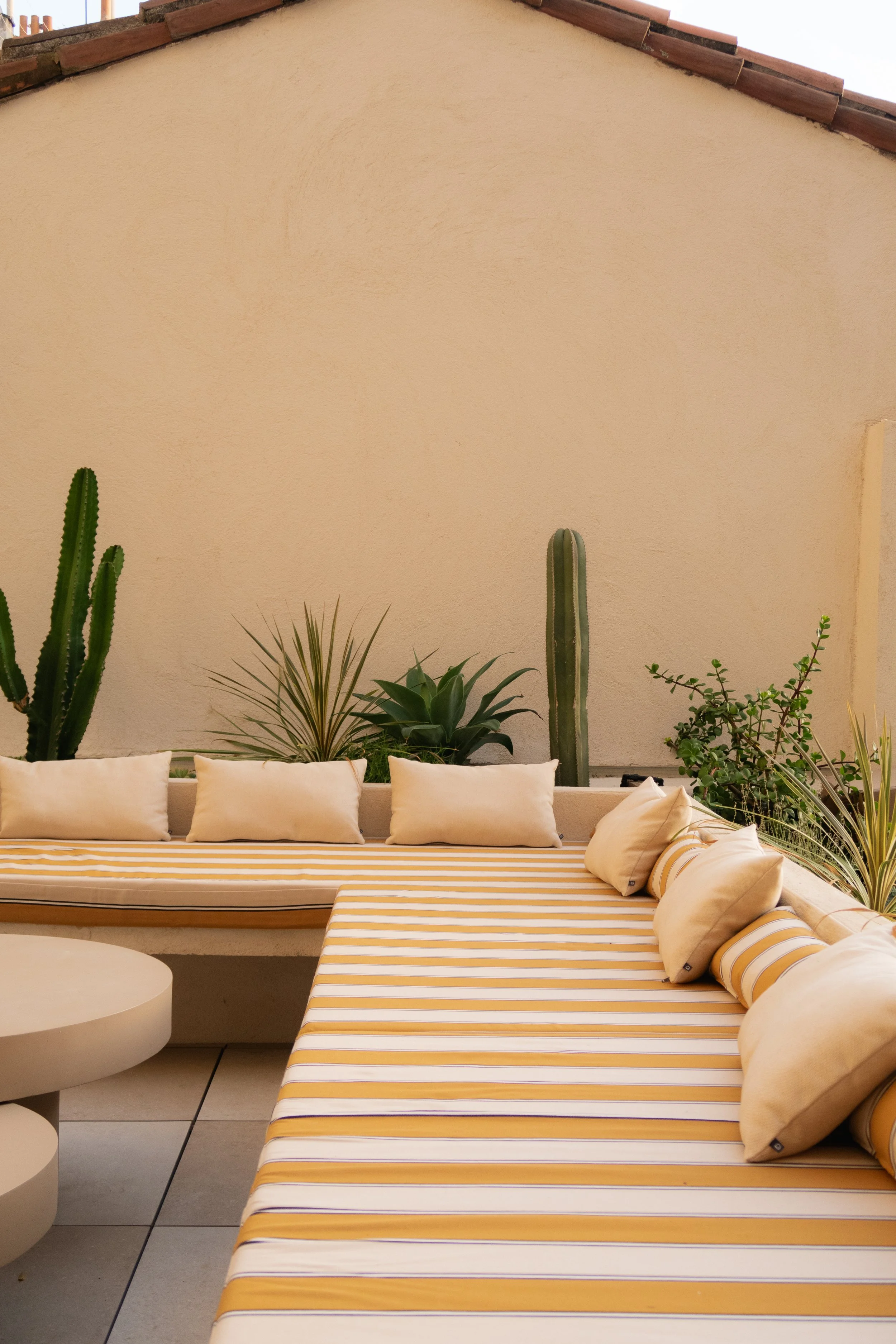 Coin salon extérieur avec canapés en tissu rayé jaune et blanc, plusieurs coussins beige, plantes succulentes et cactus contre un mur beige