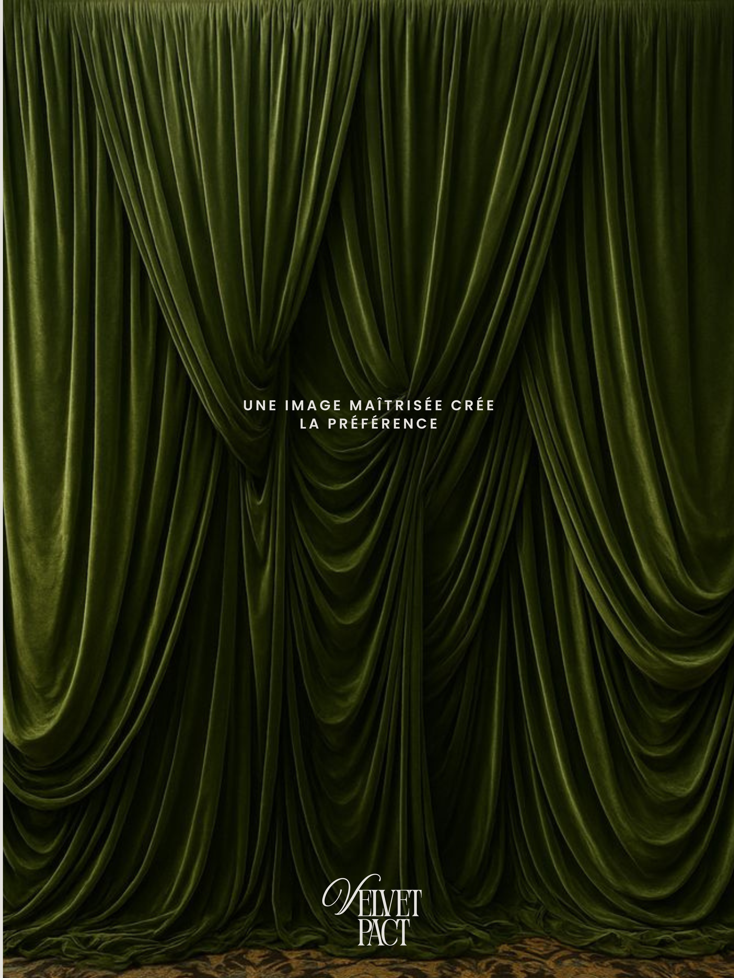 Rideau vert en velours avec le texte "Une image maîtrisée créée la préférence" et le logo "Velvet Pact"
