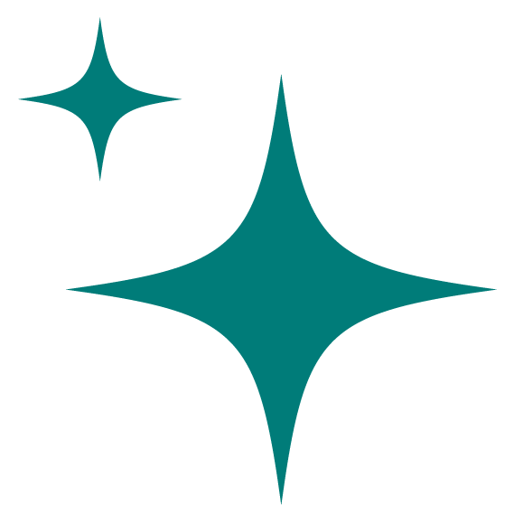 Two stylized star-shaped sparkles, one larger and one smaller, in teal color on a black background.