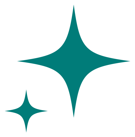 Two stylized, teal-colored star-like shapes with sharp edges and points, one larger and one smaller, set against a black background.
