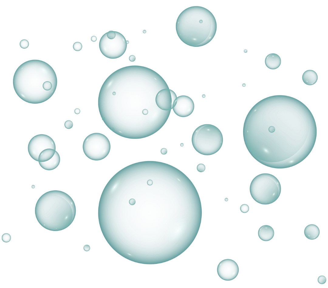 An abstract digital illustration featuring multiple teal-colored reflective spheres of various sizes floating against a black background.
