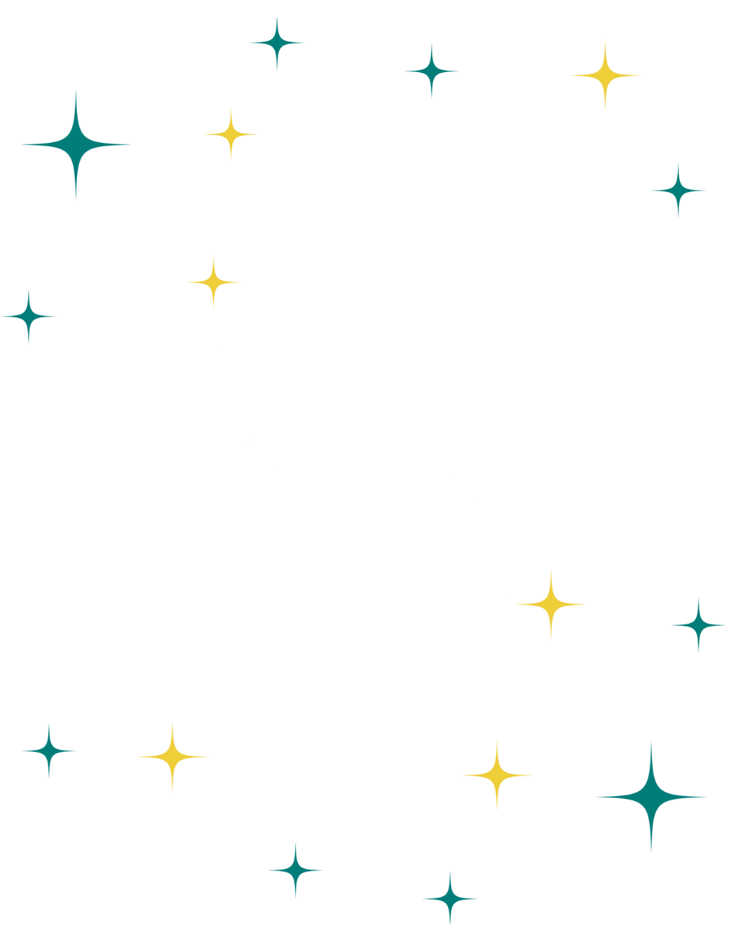 Black background with scattered yellow and teal star-shaped sparkles.