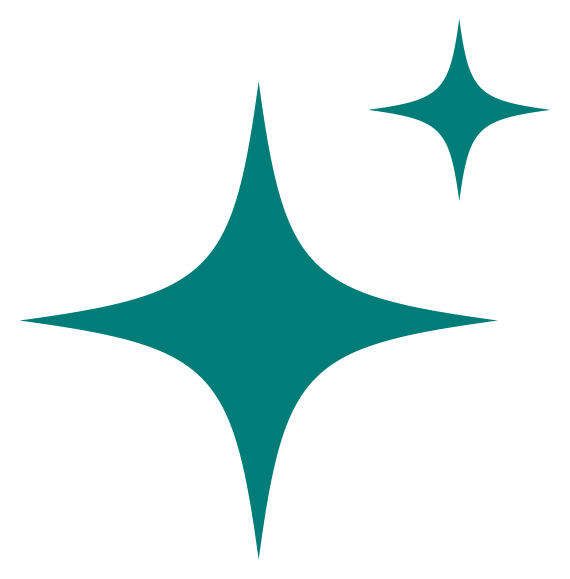 Two stylized star shapes, one large and one smaller, both with a geometric design and teal color, on a black background.