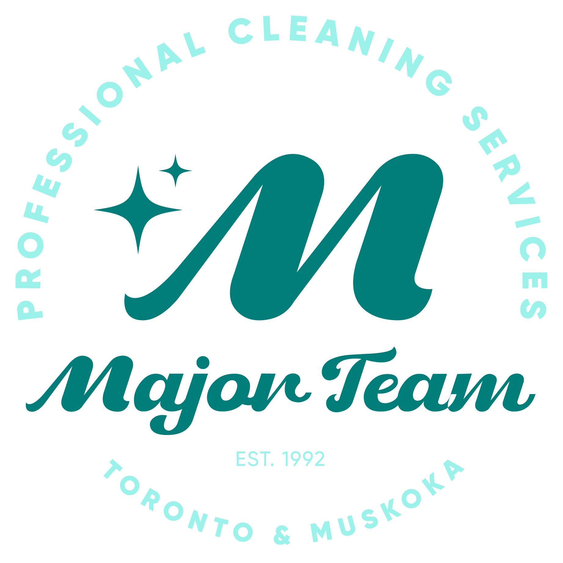 Logo for Mayor Team of Professional Cleaning Services, established in 1992, serving Toronto and Muskoka, with a large teal 'M' and the text 'Major Team' underneath.
