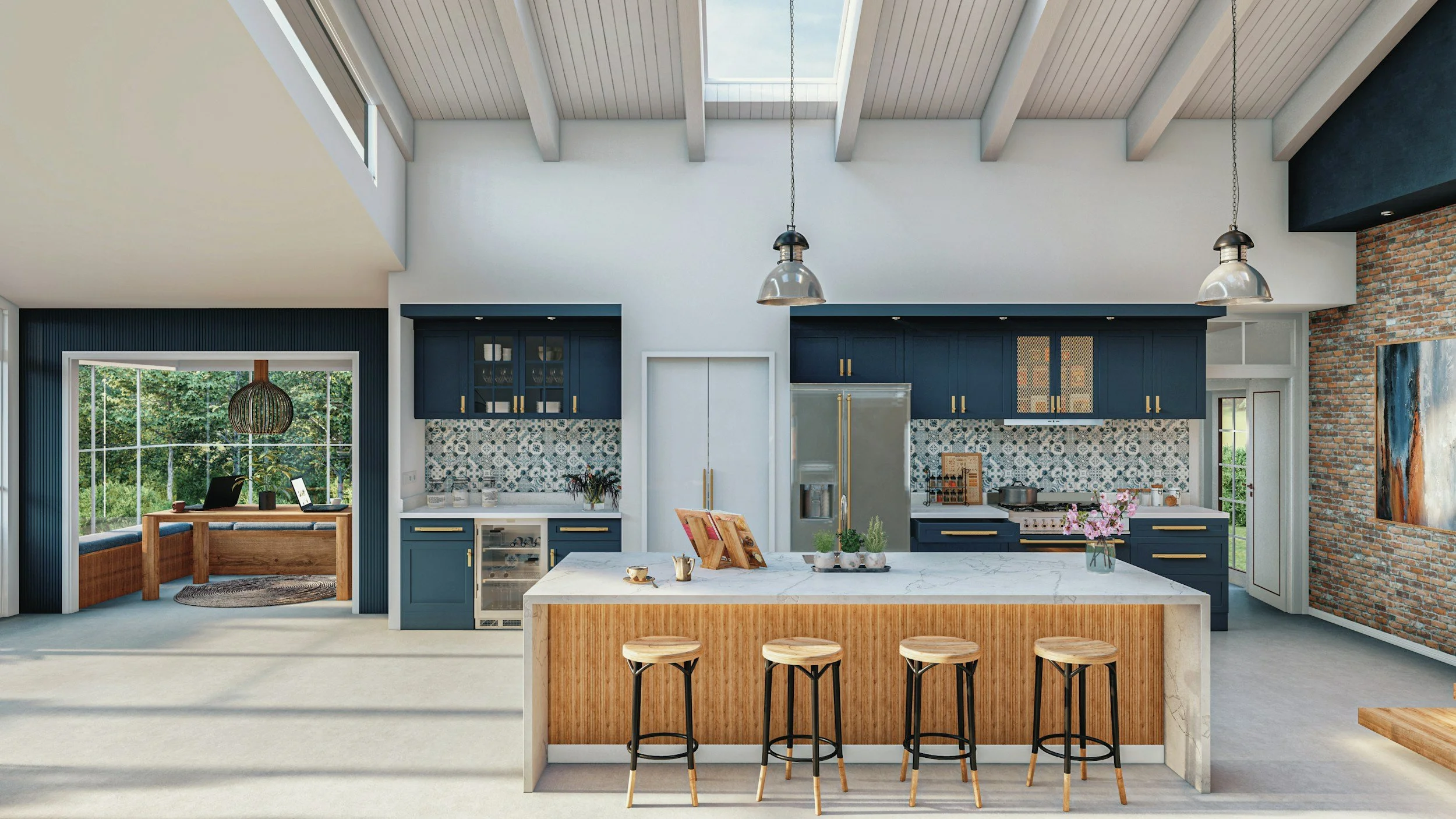 Modern kitchen with blue cabinets, white marble island, hardwood accents, and a brick wall section. Open space with natural light and a skylight.