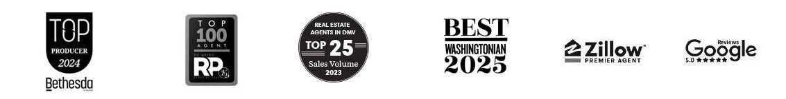 Collection of five awards and recognitions for real estate achievements, including Top Producer 2024, Top 100 RP Agent, Top 25 Sales Volume 2023, Best Washingtonian 2025, Zillow Premier Agent, and Google 5-star reviews.