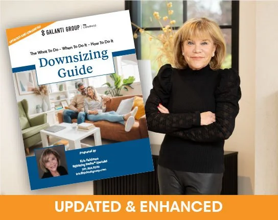 A woman standing with her arms crossed next to a downsizing guidebook titled "Downsizing Guide" by Galanti Group, featuring a photo of a family on the cover. The photo has an orange banner at the bottom with the text "Updated & Enhanced."