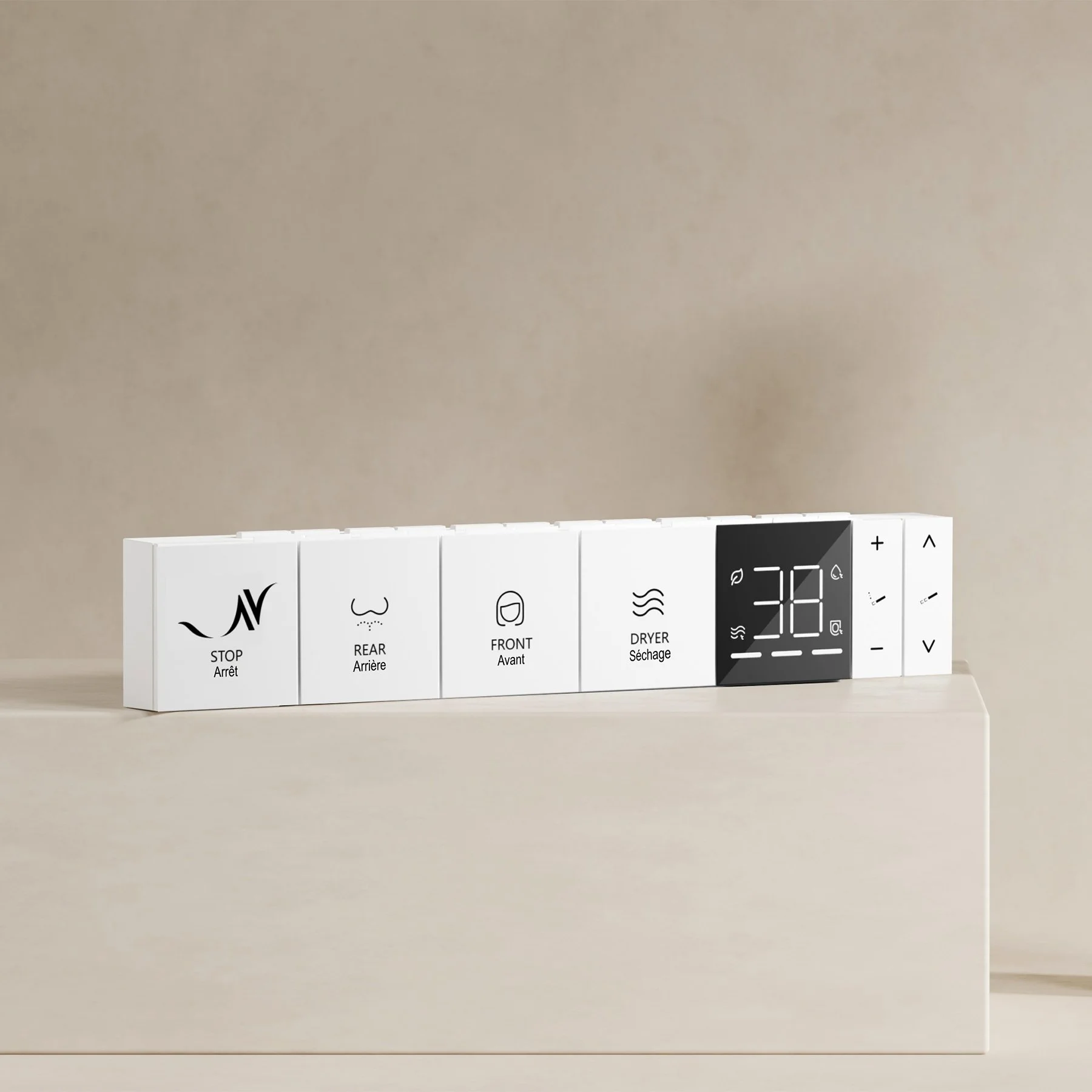 Digital control panel for smart toilet with bidet and foam deodorizer, displaying a temperature of 38°C along with icons for steam, drying, and other functions, on a beige background.