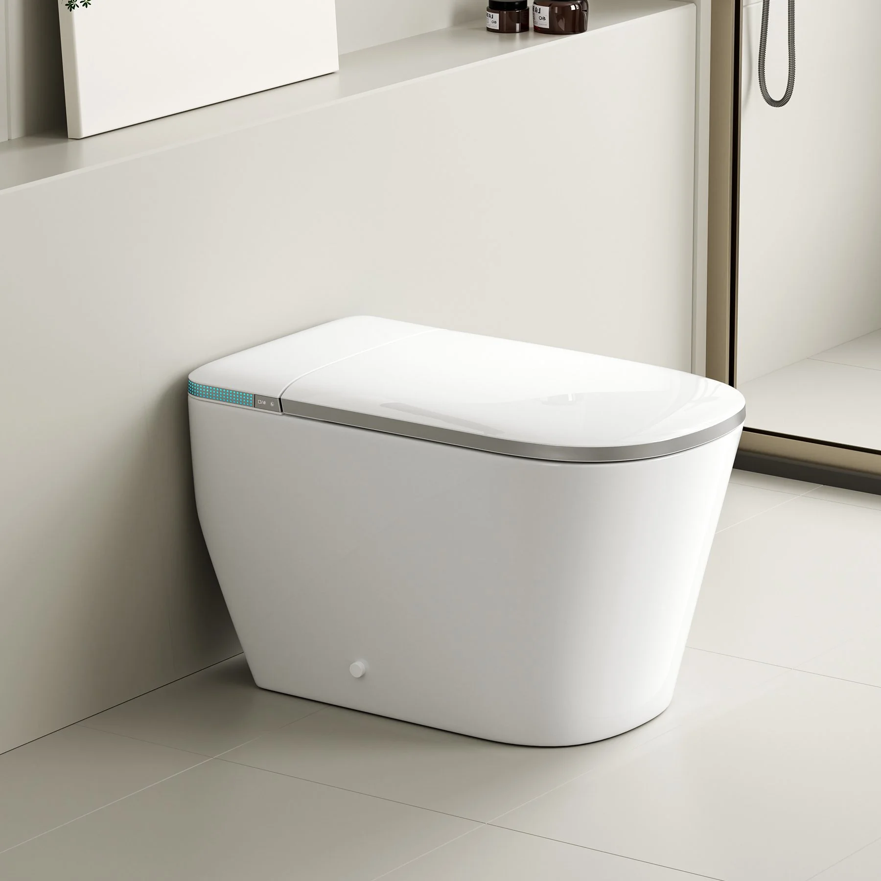 A modern white bidet toilet in a clean bathroom with a beige floor and light-colored walls.