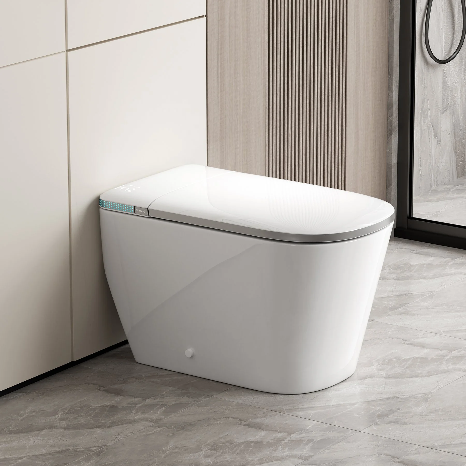 A modern, sleek white smart toilet with a digital control panel in a contemporary bathroom with marble flooring and wooden wall accents.