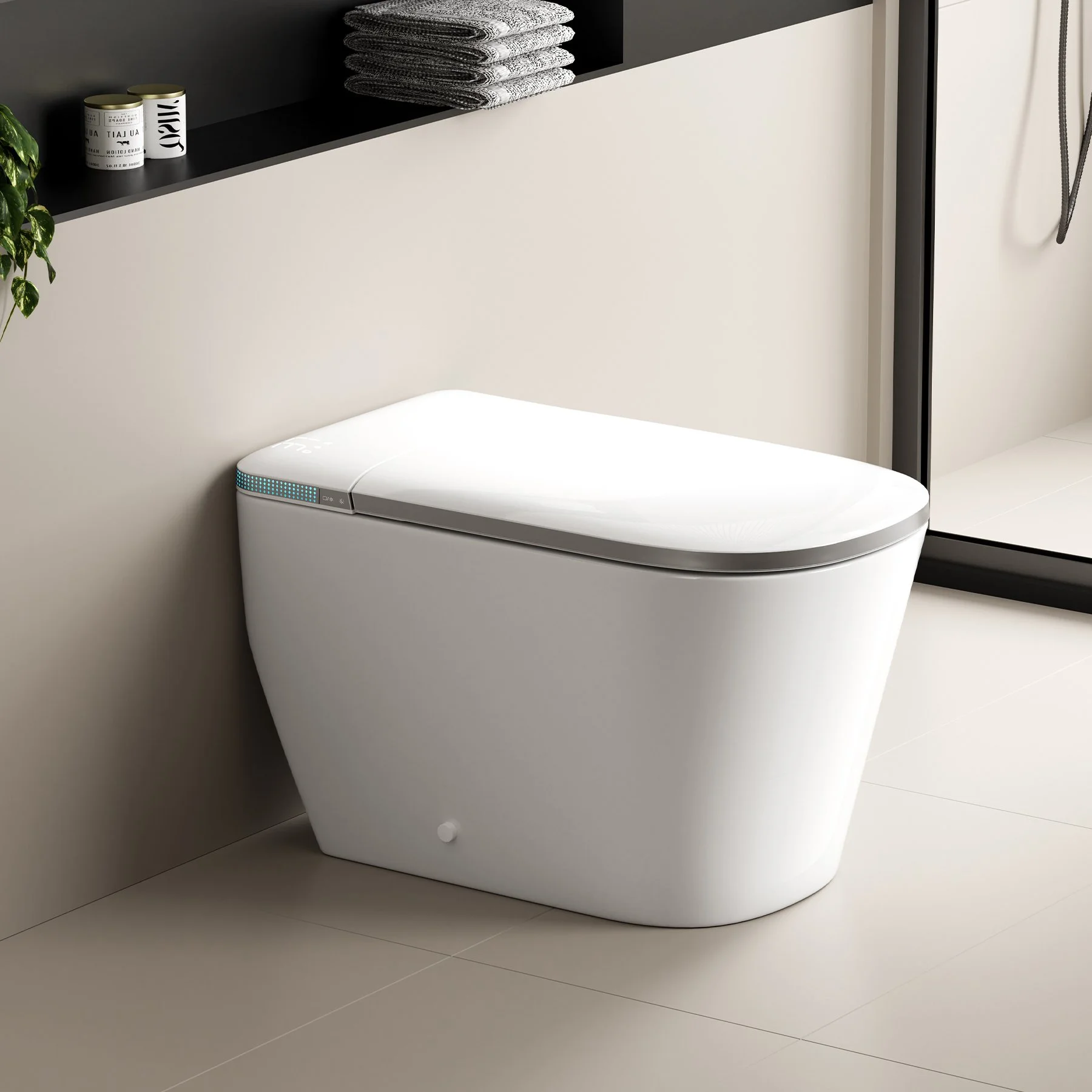 Modern white smart toilet with elongated design in a minimalistic bathroom with beige tiles and a black shelf holding towels and decorative cans.