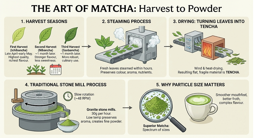 The art of making matcha, from harvesting leaves to powder. It shows the harvesting seasons, steaming process, drying into tencha, traditional stone mill grinding, and explains why particle size matters for flavor.