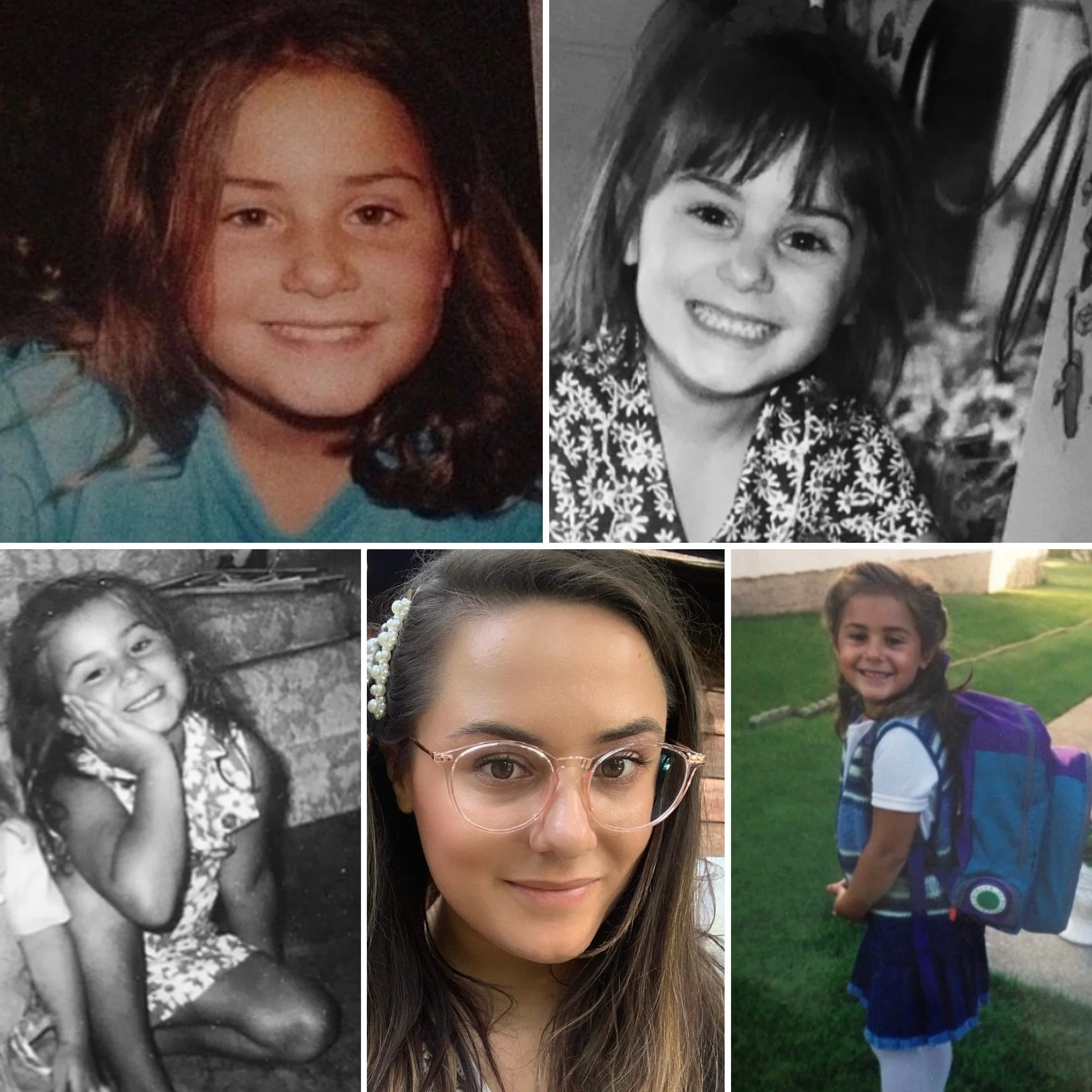 A collage of five photos showing a girl at various ages. The photos include childhood pictures with a big smile, some in black-and-white, and a recent picture of her as an adult wearing glasses. The images depict her growth and change over the years.