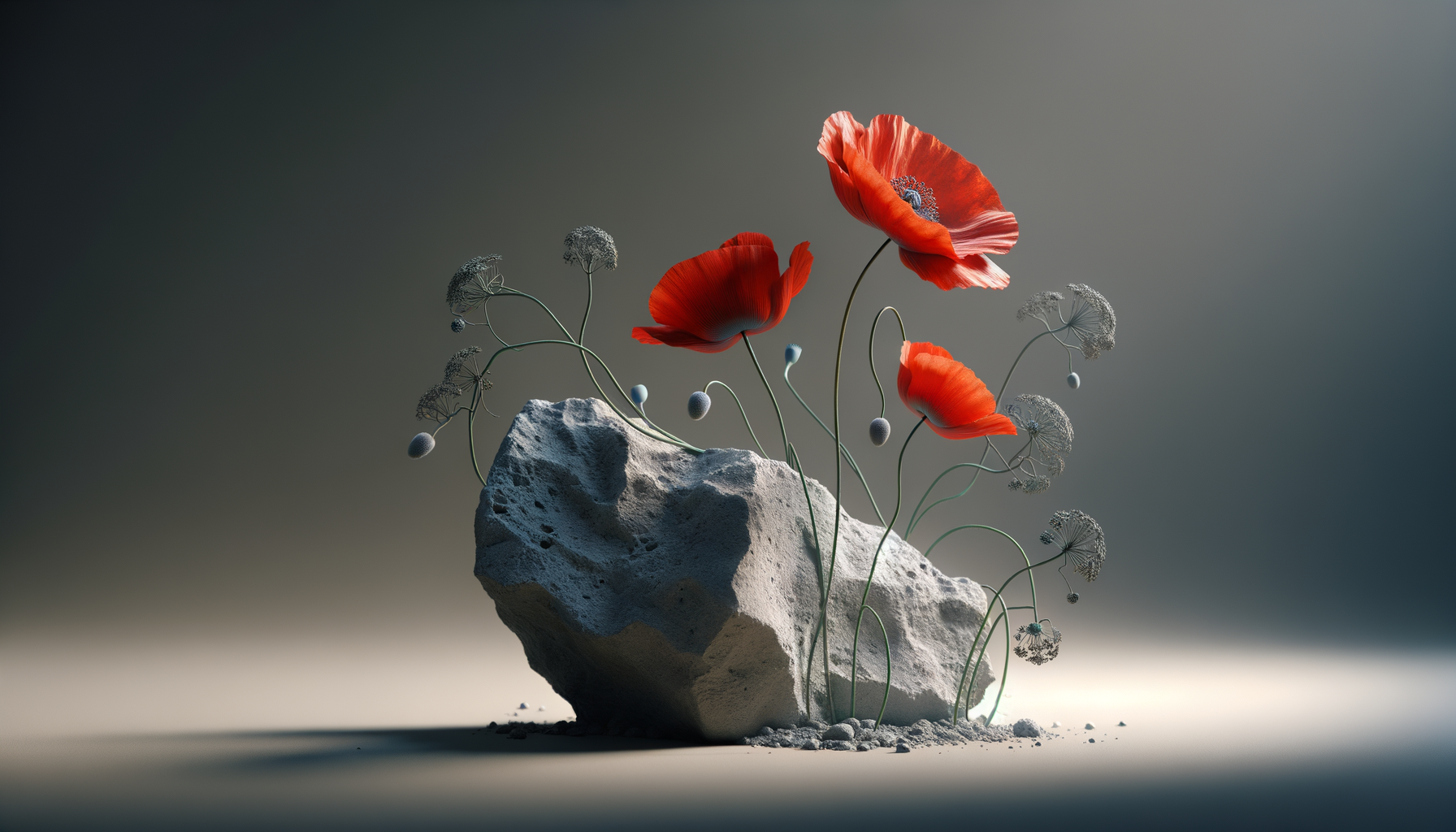 A digital artwork featuring red poppies and dandelions growing from a large, textured gray rock against a dark, gradient background.