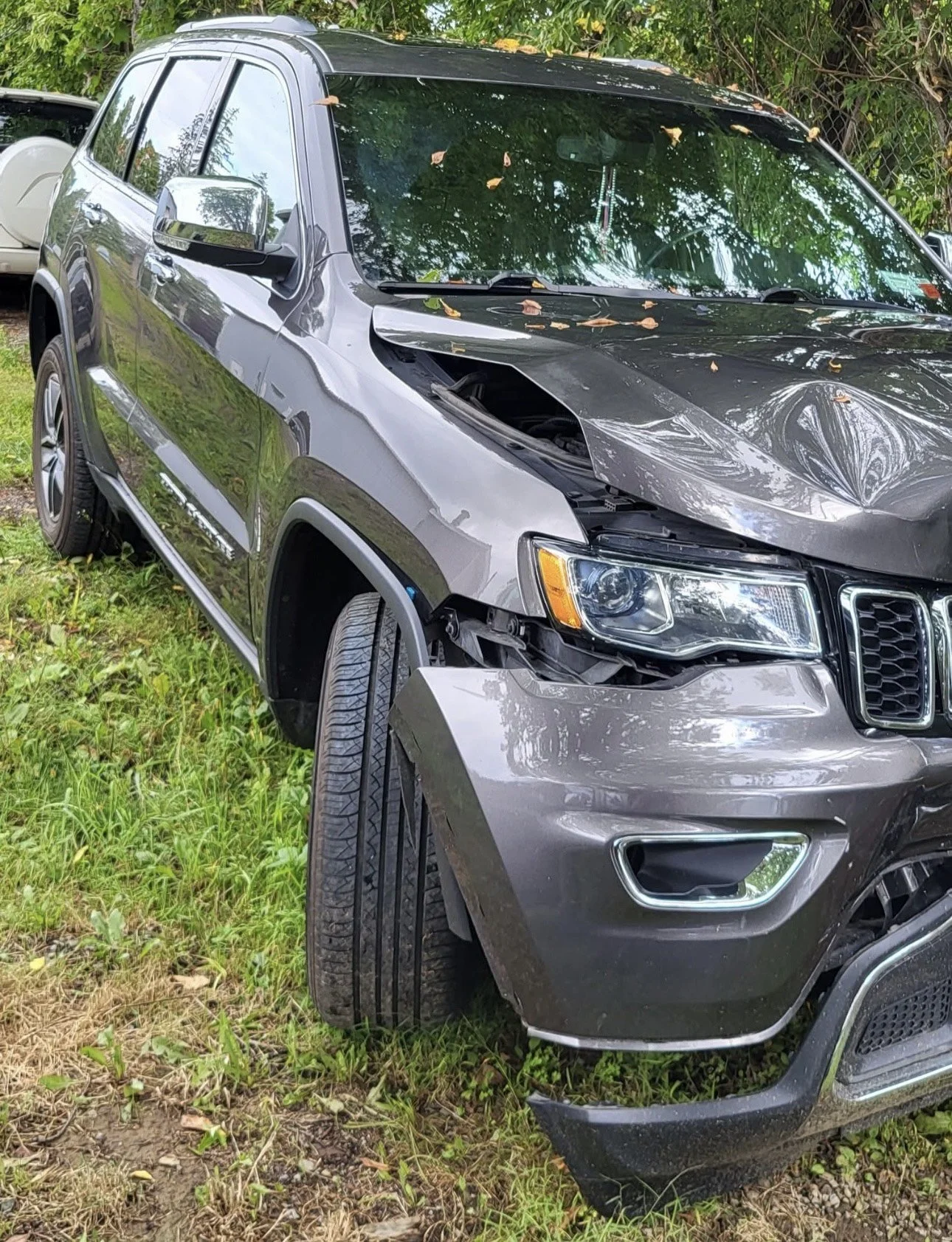 A grey SUV with front-end damage parked on grass near a wooded area. The hood is crumpled, and the front bumper is detached.