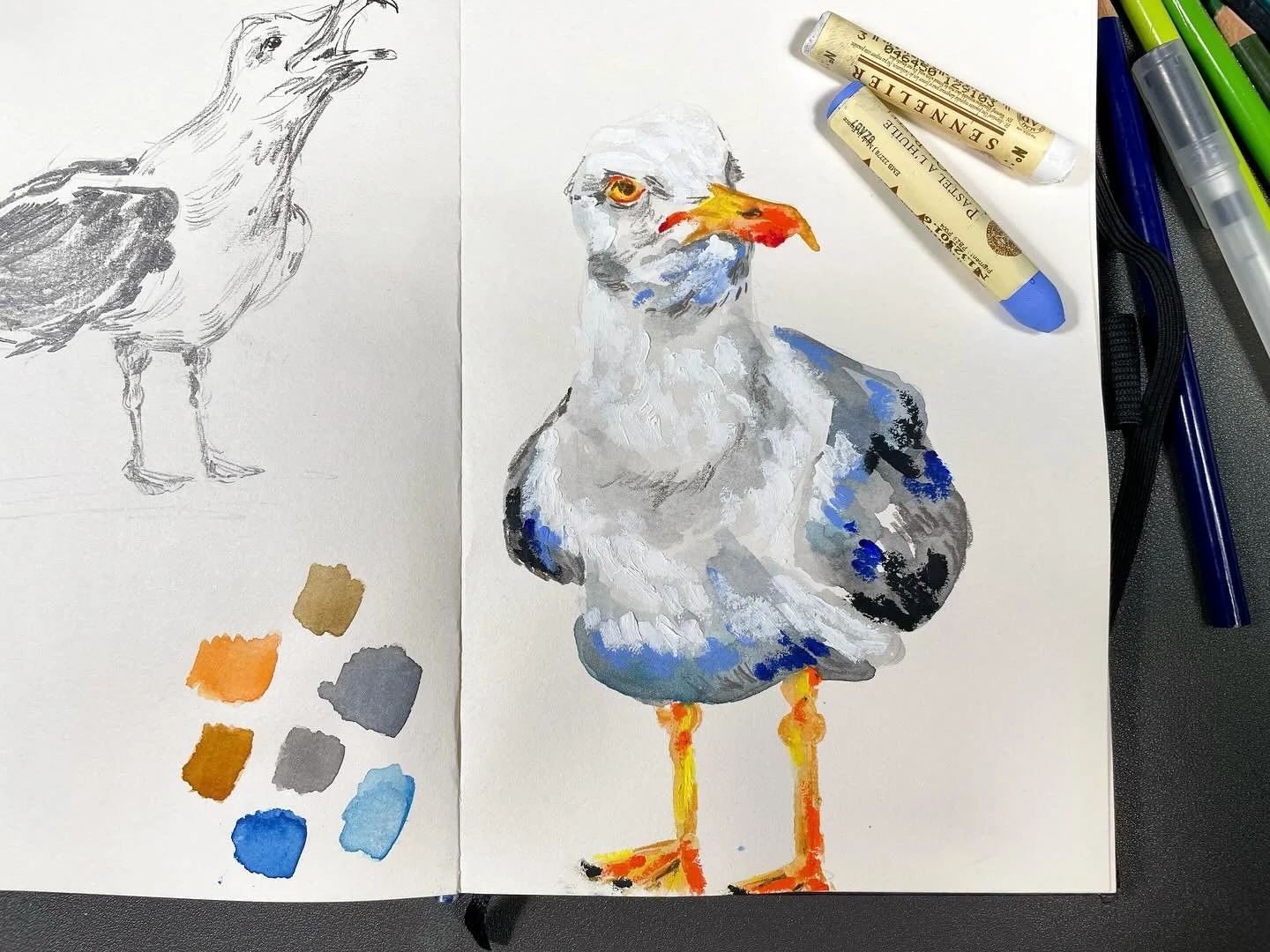 Back to it! Using a new technique of Watercolour layered with Prismacolours and Oil Pastels 🎨

#seagull #painting #illustrator #oilpastels #watercolour #art #illustration #sketchbook