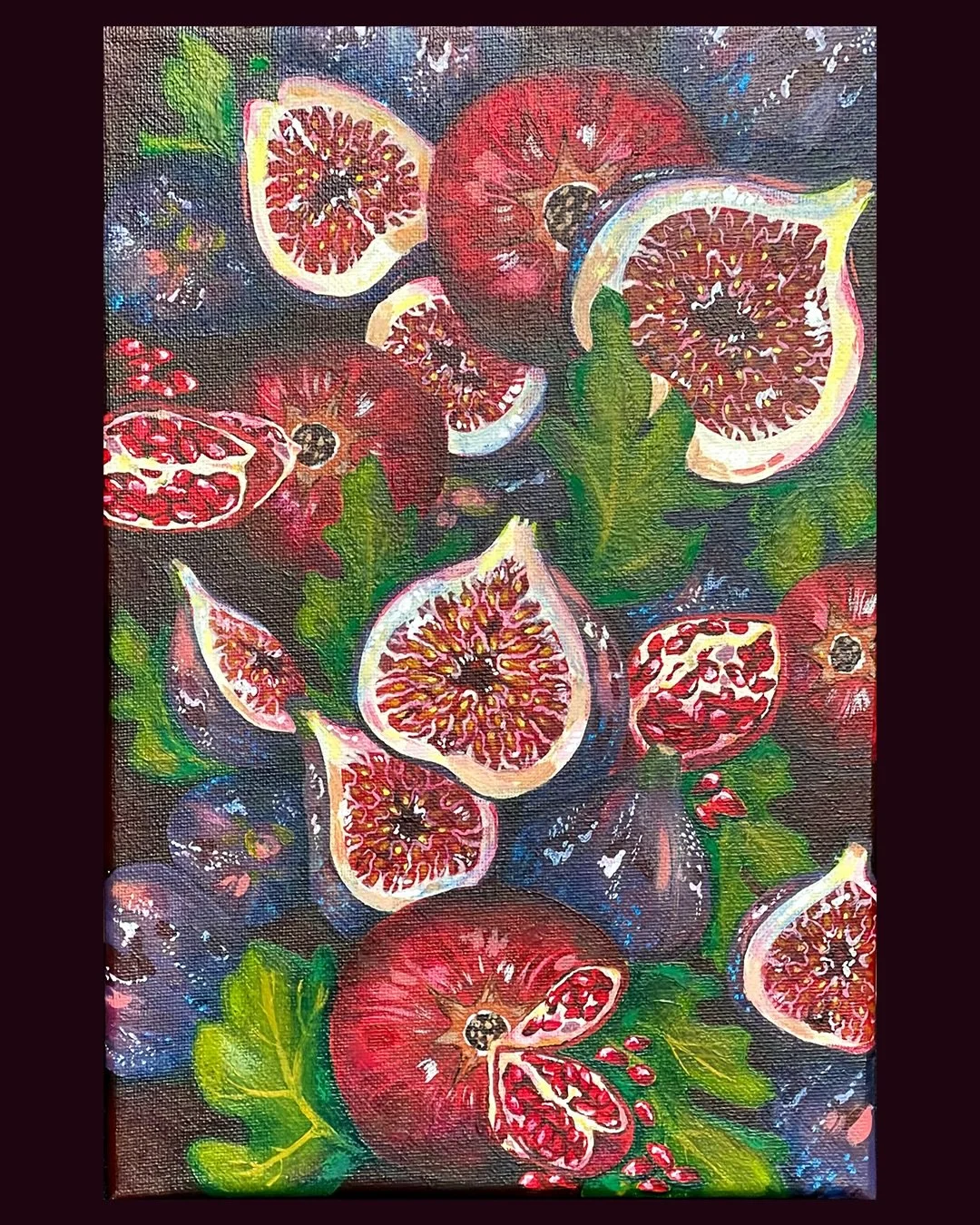 INDULGENCE &bull; Figs &amp; Pomegranates &bull; Acrylic on canvas, 8 x 12 in (20 x 30cm)

&bull;
Rich and lush colours are so satisfying to paint, figs and pomegranates have some of the most beautiful interiors. 

Which stage do you like the best? 1