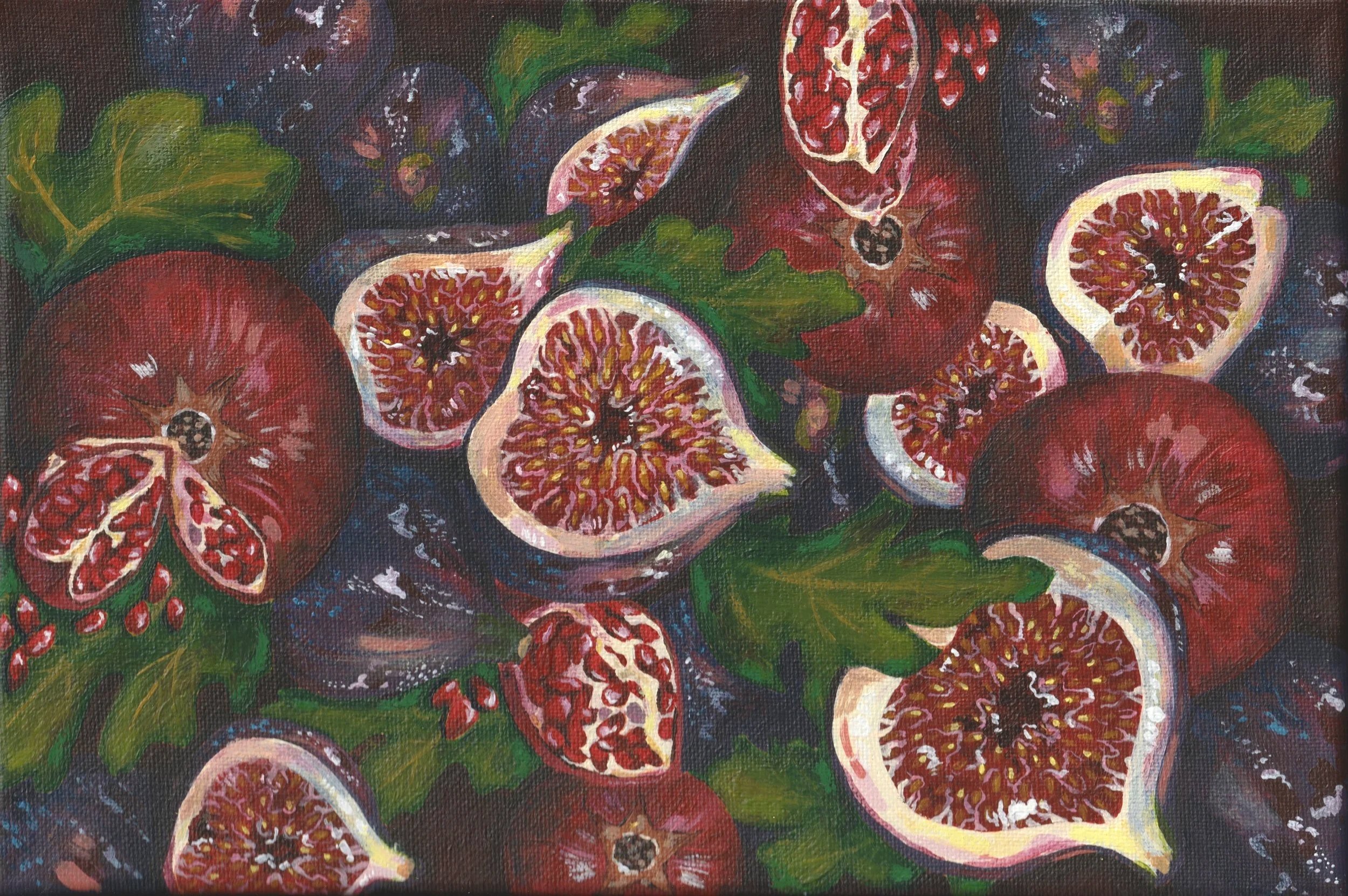 Acrylic painting of figs and pomegranates arranged with green leaves, featuring rich red tones and textured brushwork on canvas.