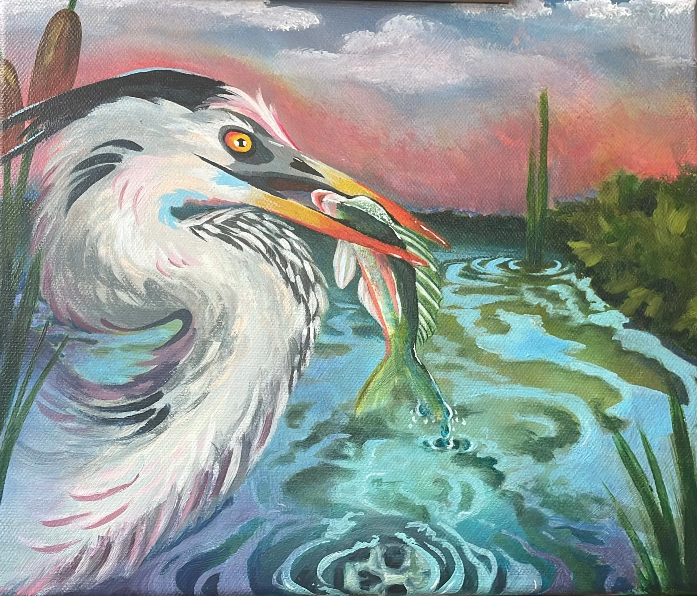 Painting of a heron standing in water,  with a fish caught within its beak. Surrounded by a pink, blue, green, and cloudy sky background. The murky water has swirls of green, blue and purple. In the reflection is the image of a skull.