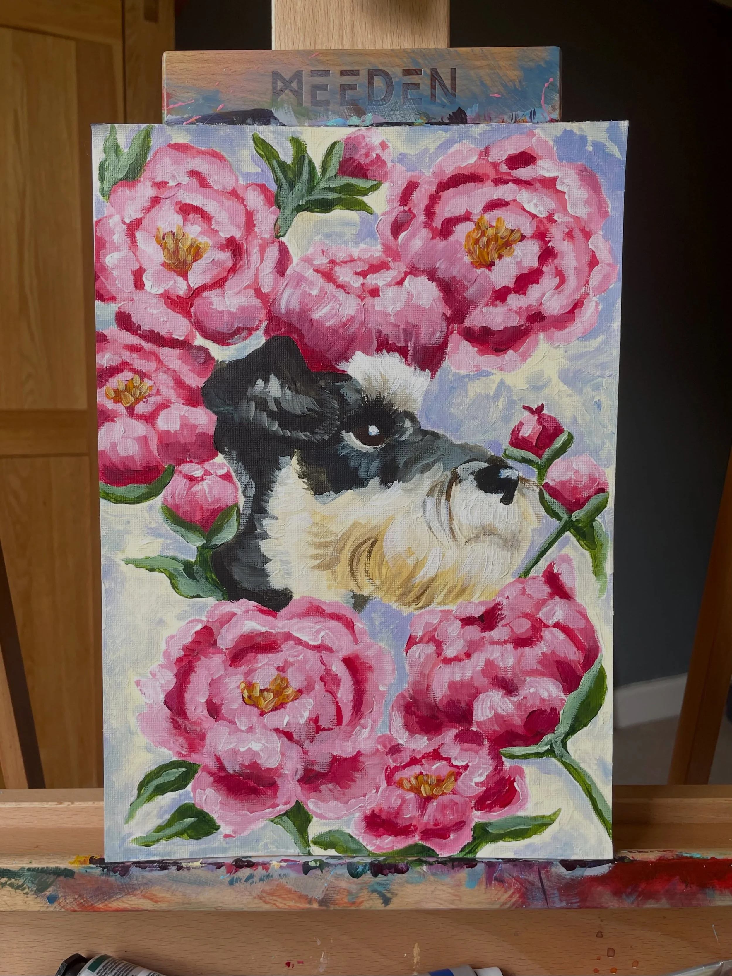 Martha in Spring &bull; Commission for @so_fetch_uk &bull; 

Loved all the bright colours in these peonies contrasting against the darker fur 🫶💐🌺🌸

#artist #petportrait #artcommissions #artforyourhome #painting