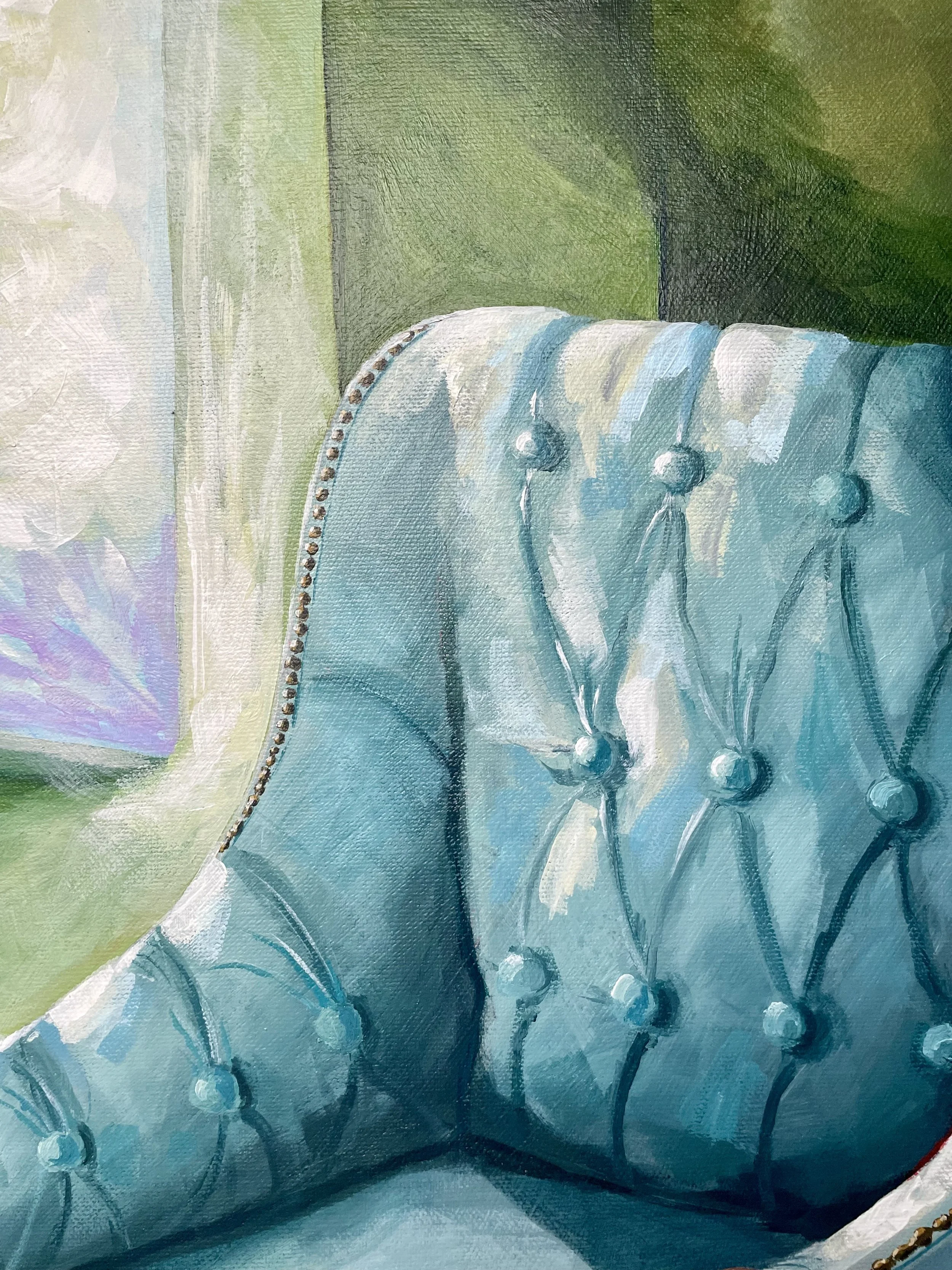 Close-up image of a painting of a tufted, light blue chair with a diamond tufted backrest and brass nailhead trim, against a green abstract painting background.