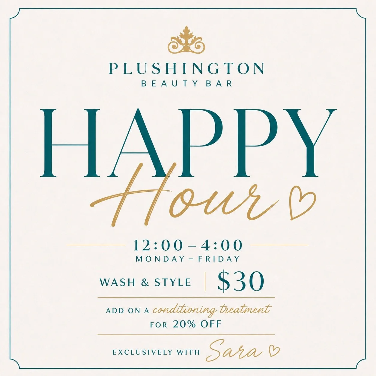 ⭐️ We have adjusted our Happy Hours from 12:00-4:00, Monday-Friday ⭐️

Call or book online &ldquo;Happy Hour Shampoo &amp; Blowdry&rdquo;.