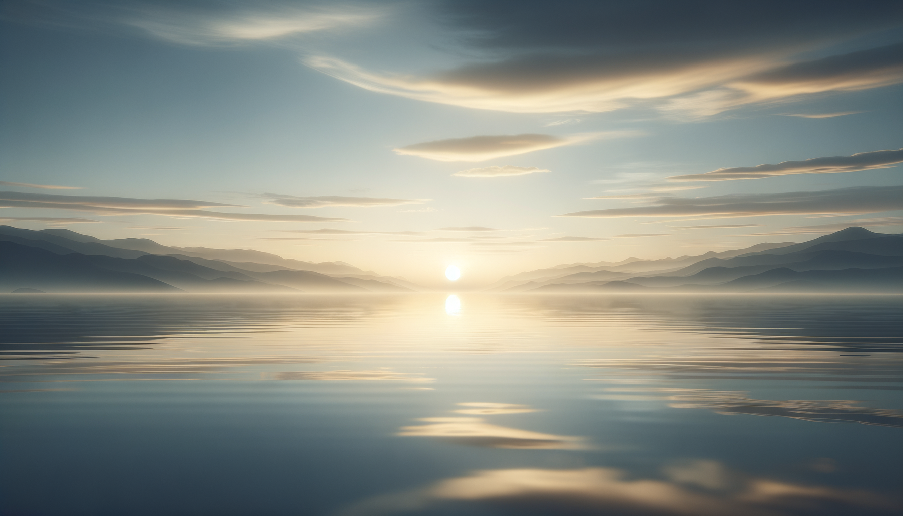 A serene landscape of a peaceful lake at sunrise with mountains in the background and clouds in the sky,  indicative of change and transformation.