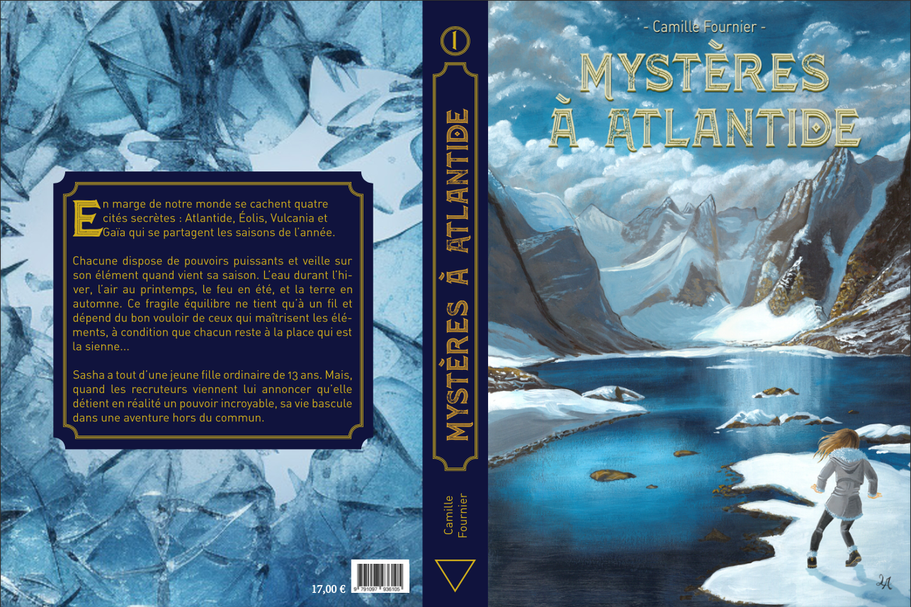 Couverture d'un livre intitulé "Mystères à Atlantide" de Camille Fournier, illustrée d'une scène de montagnes enneigées, un lac, un ciel orageux et une jeune fille patinant sur la glace.