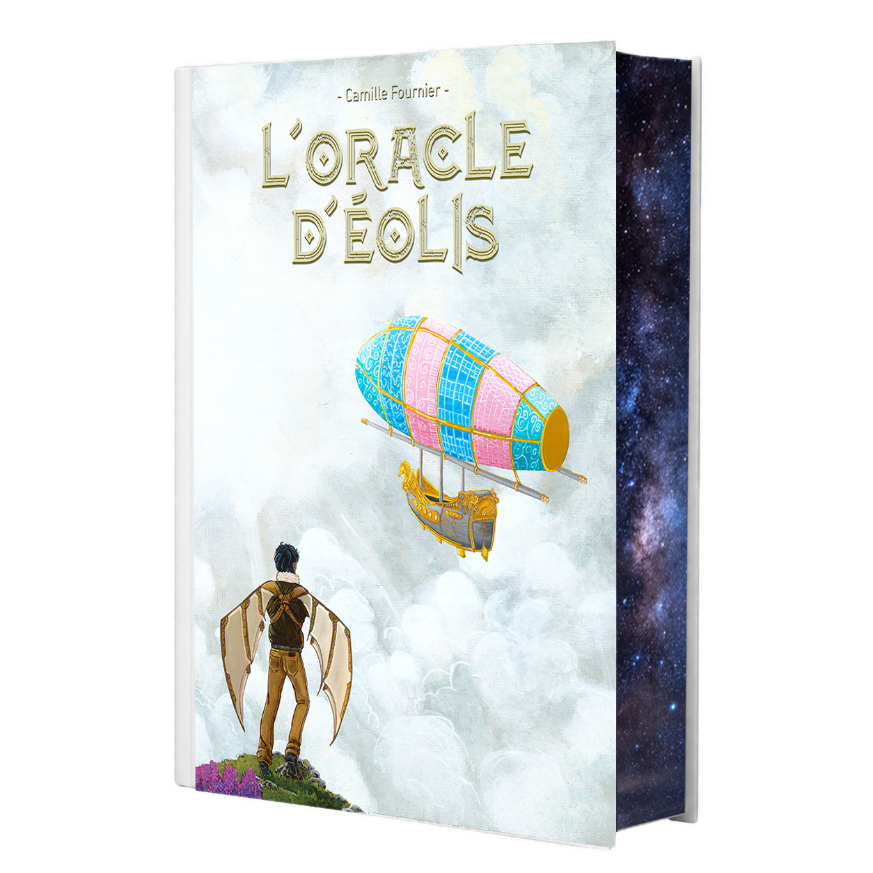 Couverture d'un livre intitulé "L'oracle d'Éolis" avec une illustration d'un homme avec des ailes et un vaisseau aérien coloré flottant dans le ciel.