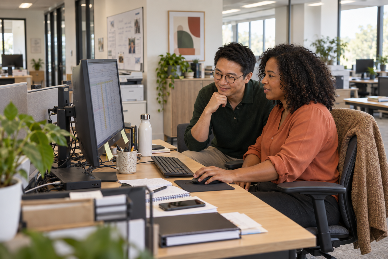 Two coworkers reviewing information together at an office computer.