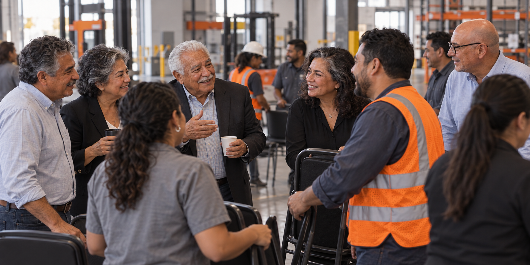 A group in business and work clothing sharing a conversation in a warehouse.