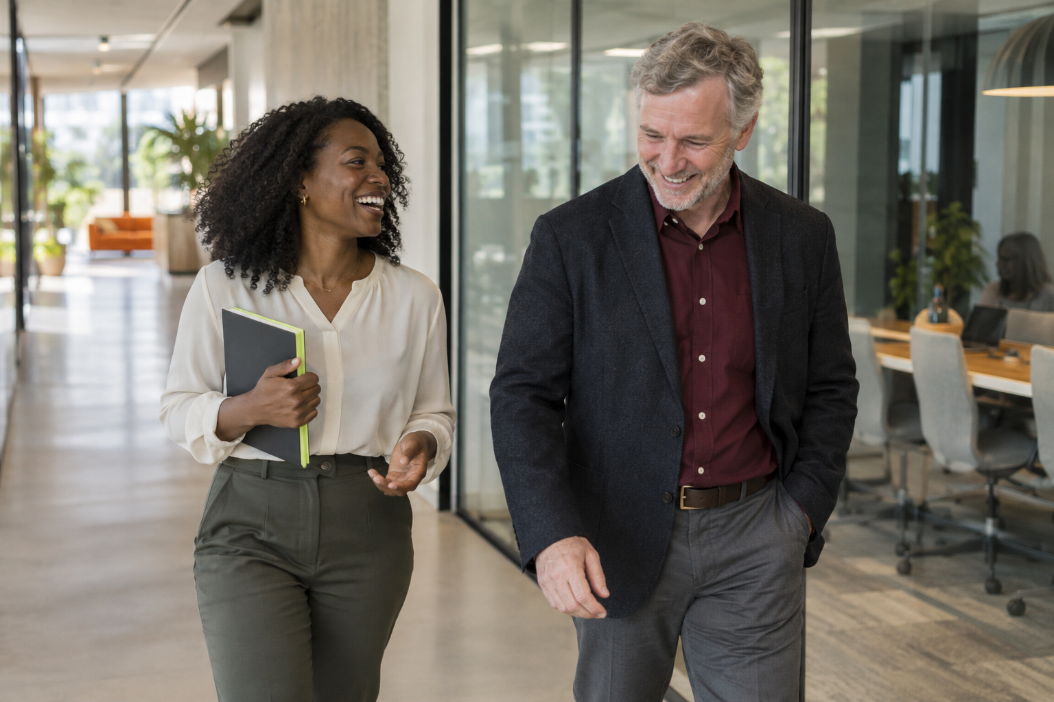 Two colleagues smiling and talking while walking through an office.