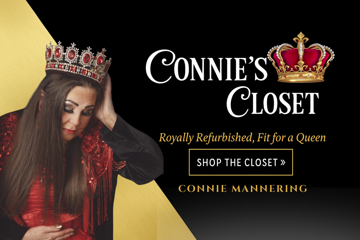 An advertisement for Connie's Closet featuring a woman with long hair wearing a crown and red and black clothing, with a black and gold background and a crown icon.