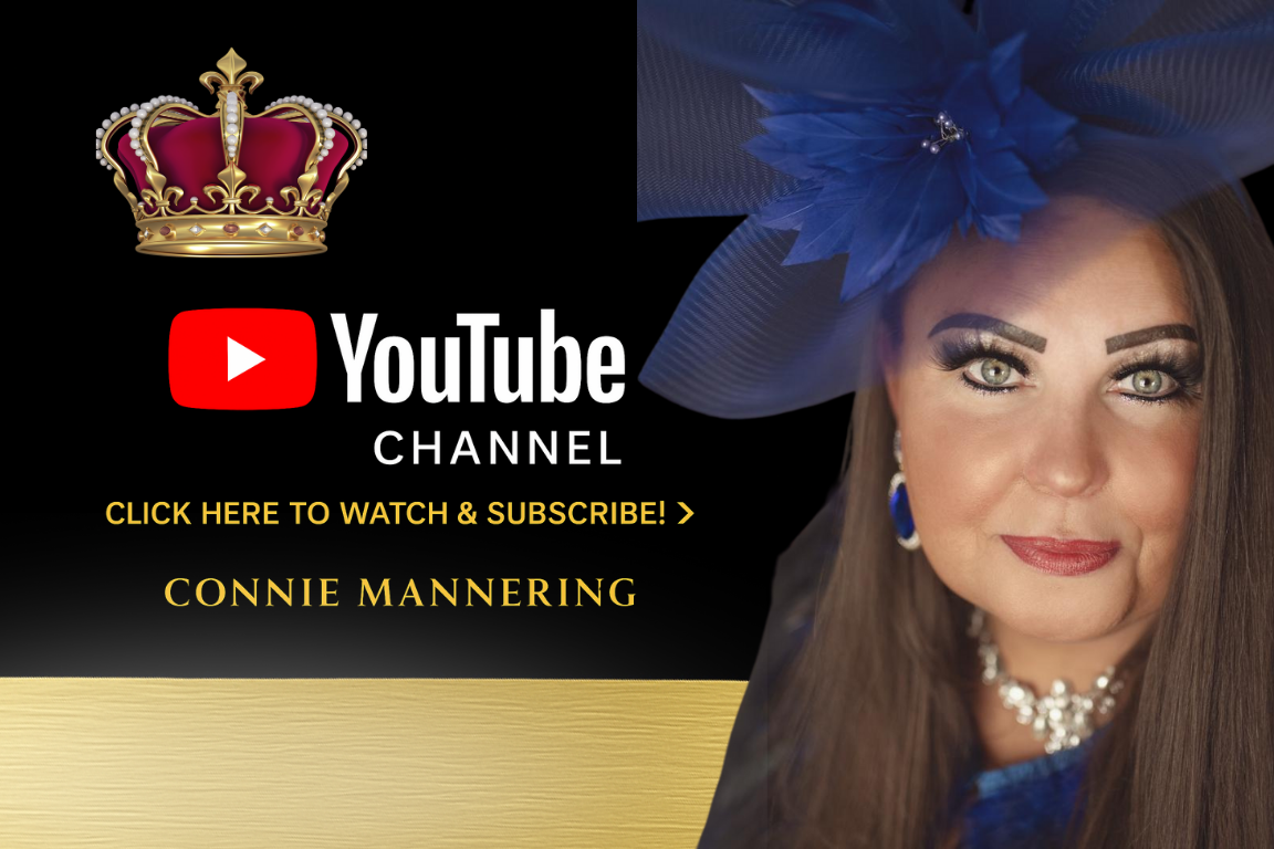 A promotional image for Connie Mannering's YouTube channel featuring her portrait with a large blue fascinator hat, jewelry, and makeup, alongside a graphic with a crown, YouTube logo, and text encouraging viewers to watch and subscribe.