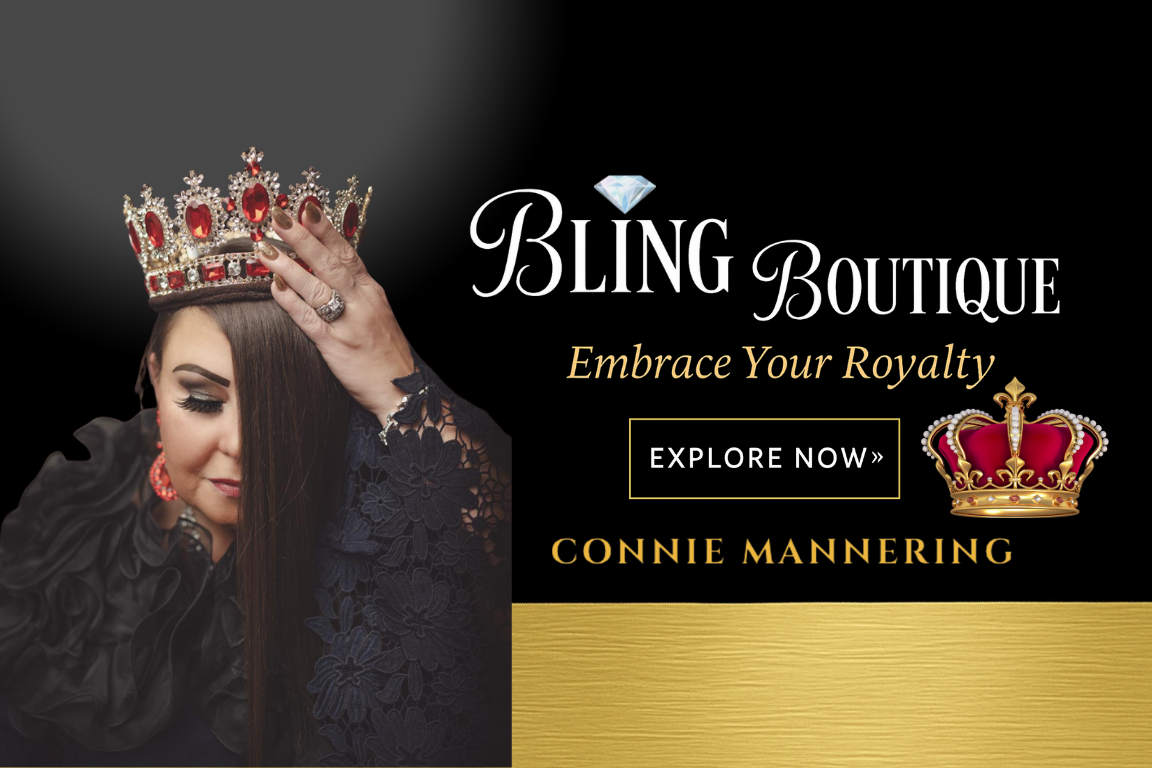 An advertisement for Bling Boutique featuring a woman with long dark hair wearing a crown and black lace attire, with a black and gold background, and text promoting embracing royalty.