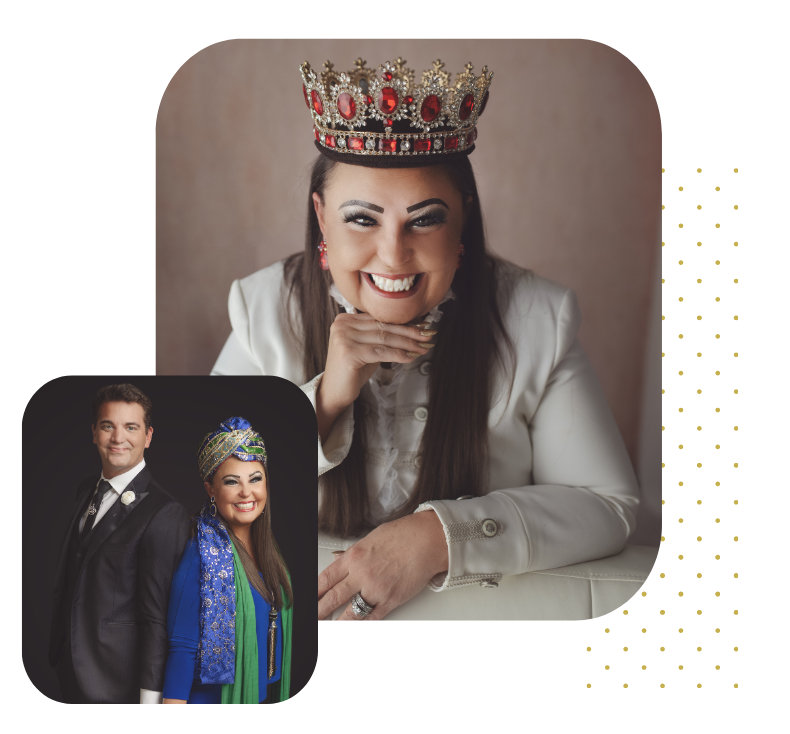 A woman wearing a crown, smiling with her hand resting on her chin, dressed in a white blazer. An inset photo shows a man in a suit and a woman in a colorful outfit with a headscarf, both smiling.