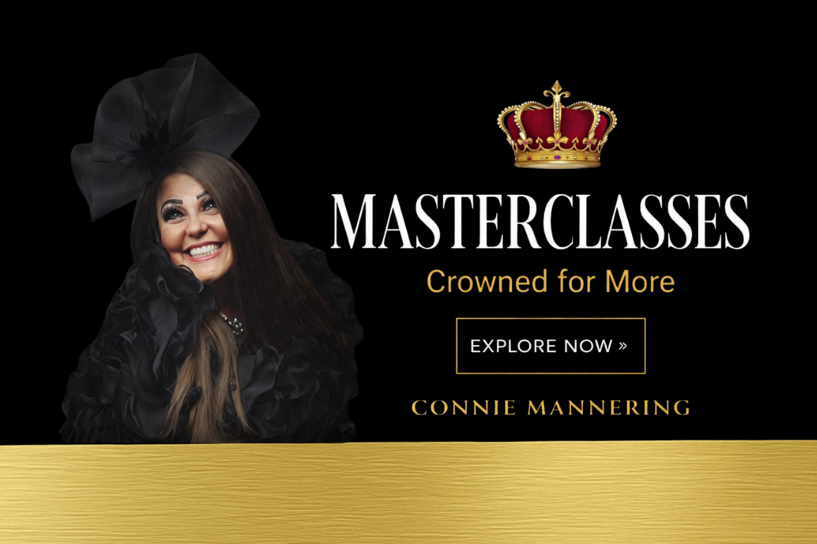 Promotional graphic for Masterclasses by Connie Mannering featuring a smiling woman with long brown hair, wearing a large black bow headpiece and black ruffled clothing, against a black background with gold accents, including a crown illustration.