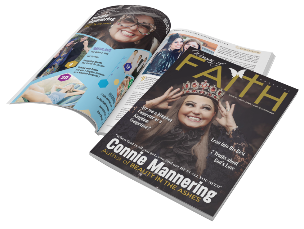 An open magazine titled "Faith" with a woman wearing a crown on the cover. The woman is smiling and has dyed brown hair. The magazine features headlines about faith, God's love, and a biblical review of beauty and kingdom topics.