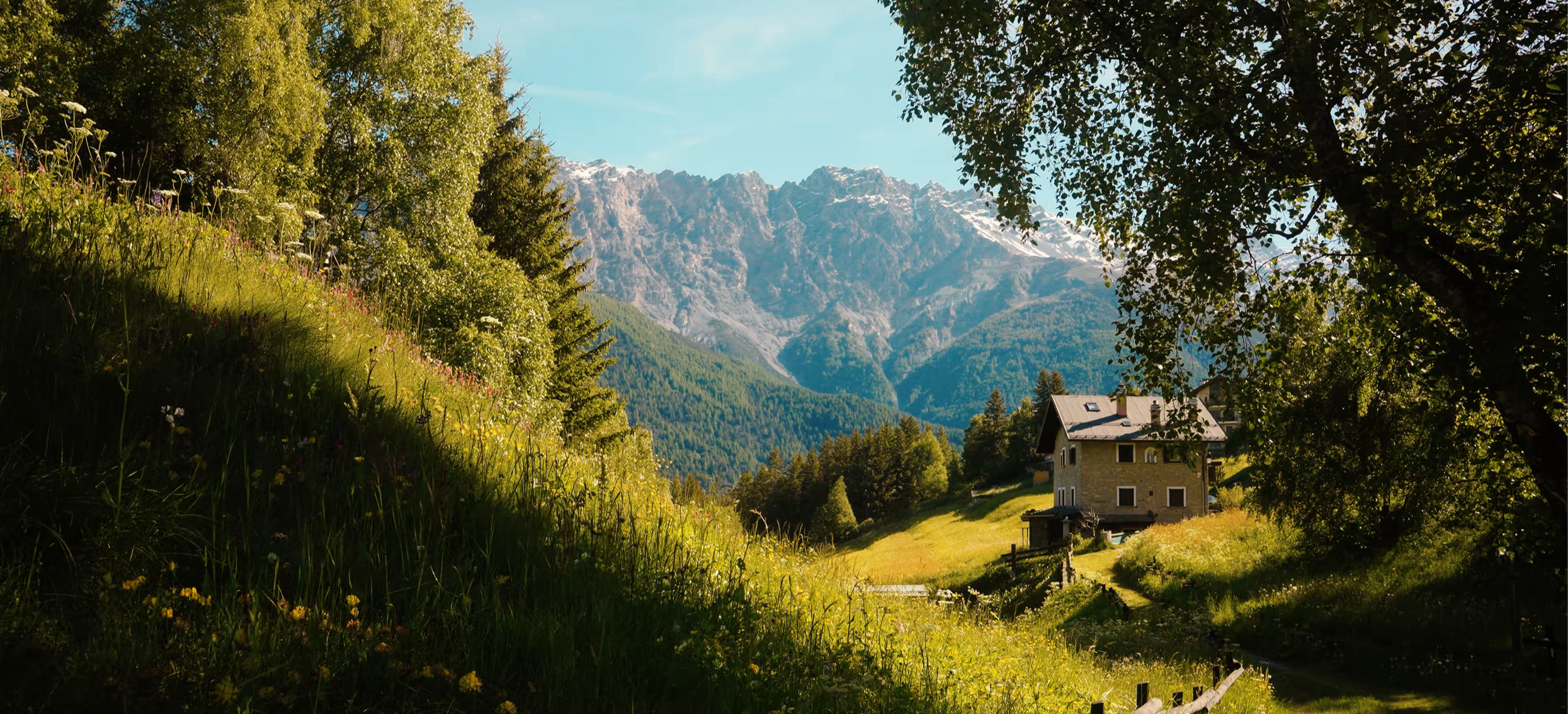 A scenic mountain landscape with a house, trees, grassy meadow, and snow-capped peaks in the background.