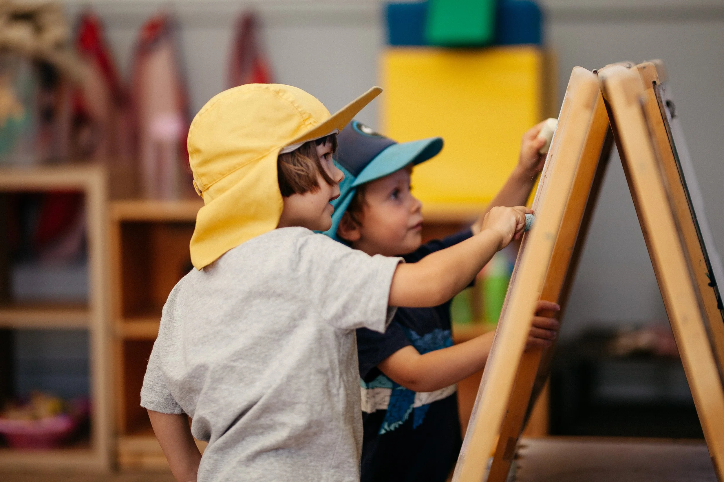 Natural outdoor environment with green grass, ample shade, swings, bike track, sand/water play, edible vegetable garden and interactive fort