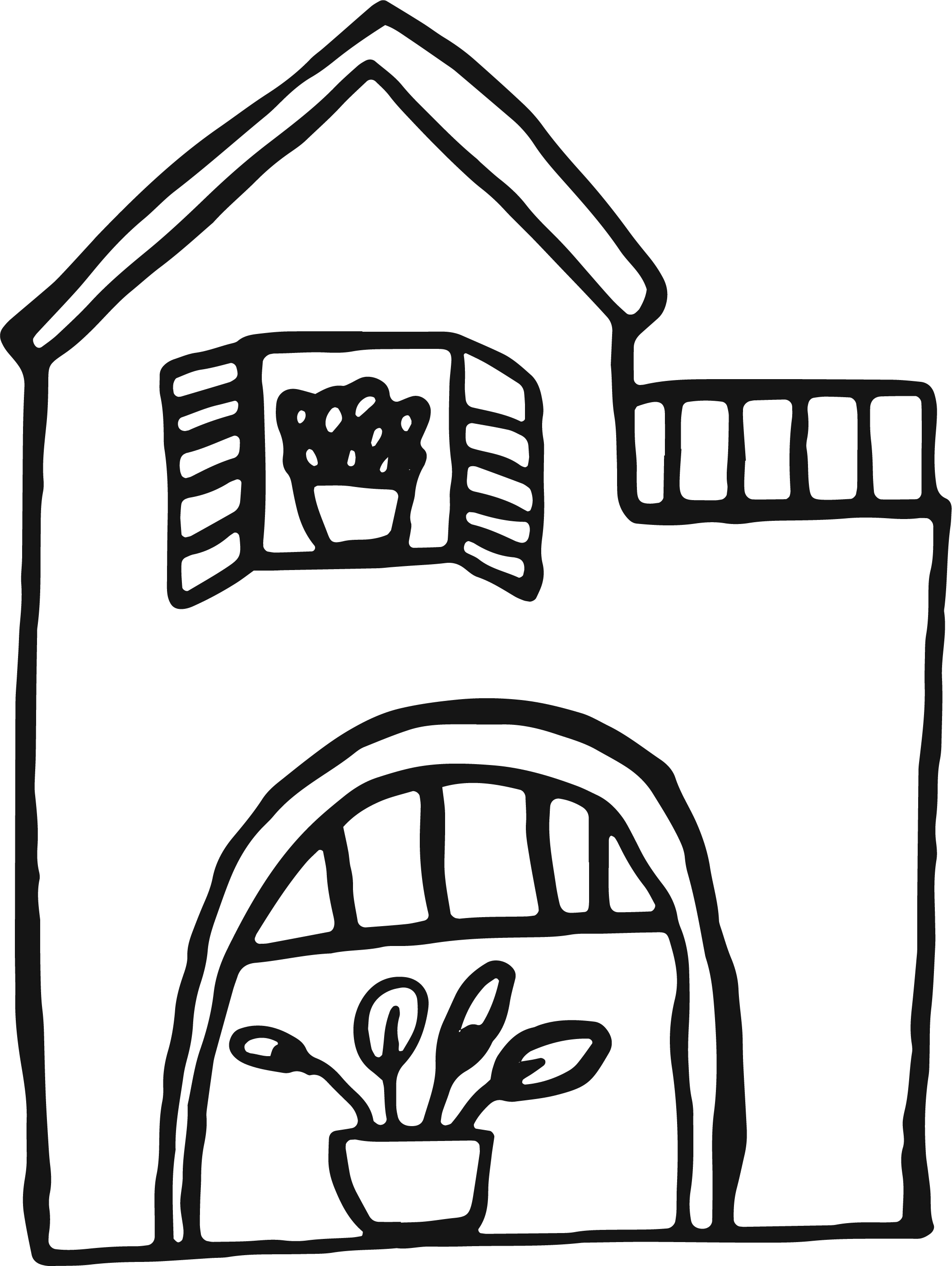 Line drawing of a house with a flowerpot window, open window with a flower, and a balcony.