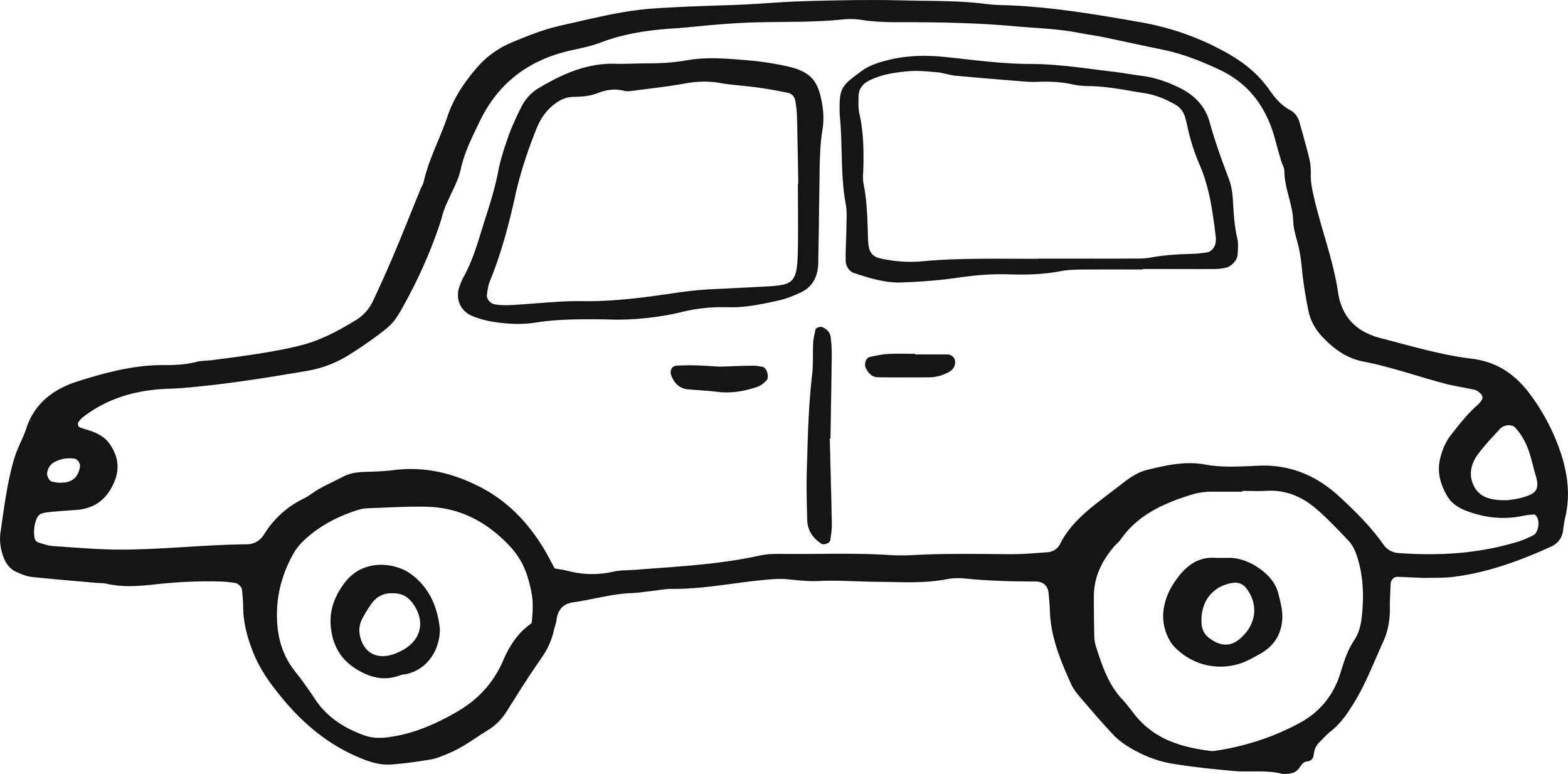 Simple black and white drawing of a car with four wheels, a rounded front, and a boxy body with two front windows and two back windows.