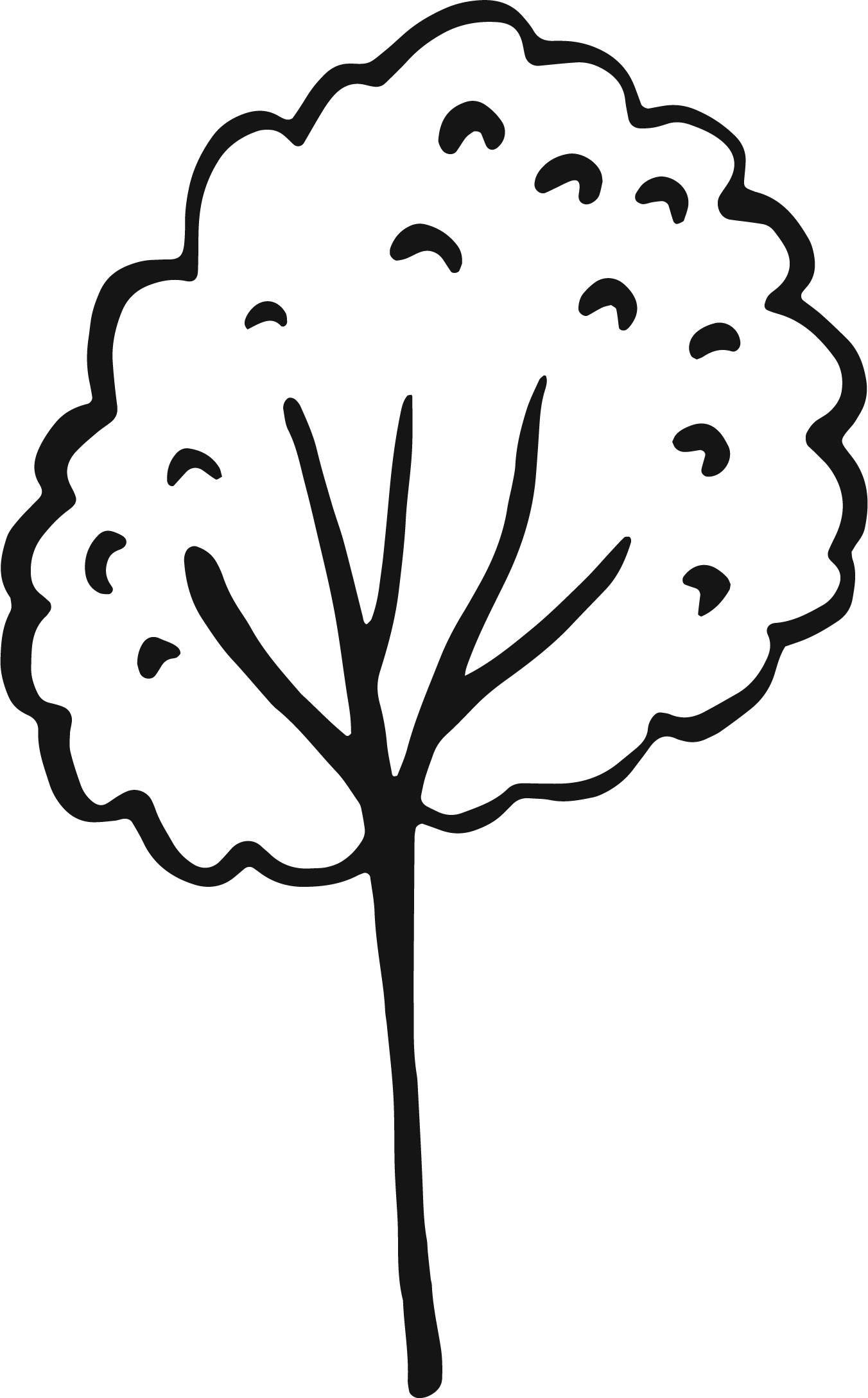 Outline drawing of a tree with a thick trunk and rounded, leafy canopy.