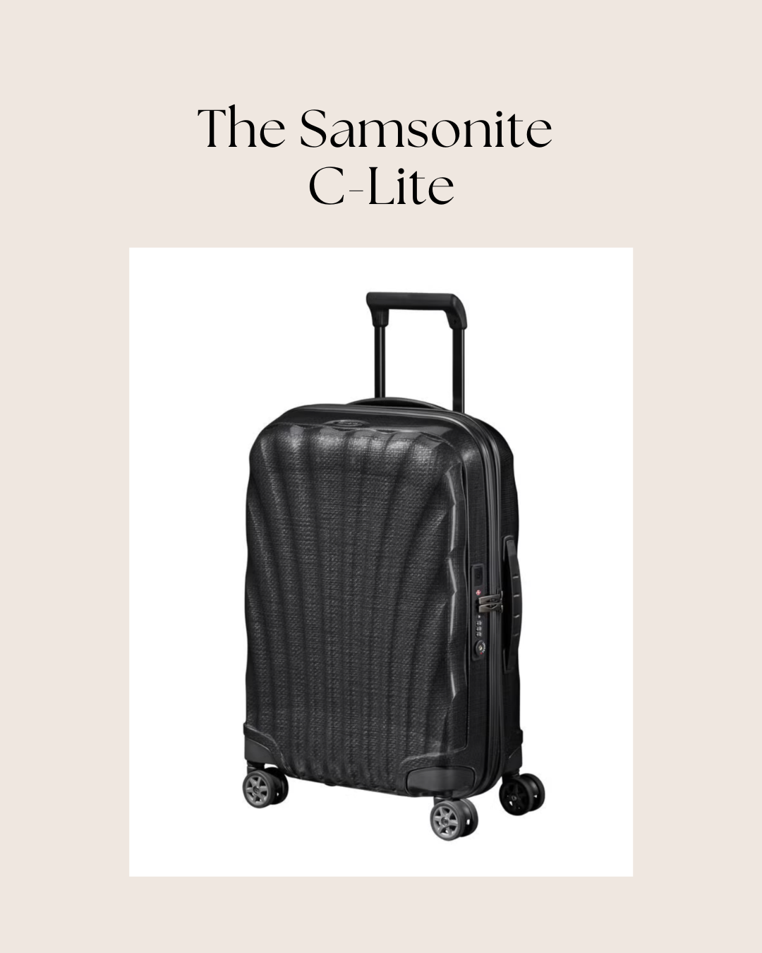 A black Samsonite Cosmolite carry-on suitcase with a textured surface and four wheels, shown on a white background with text above and below it.