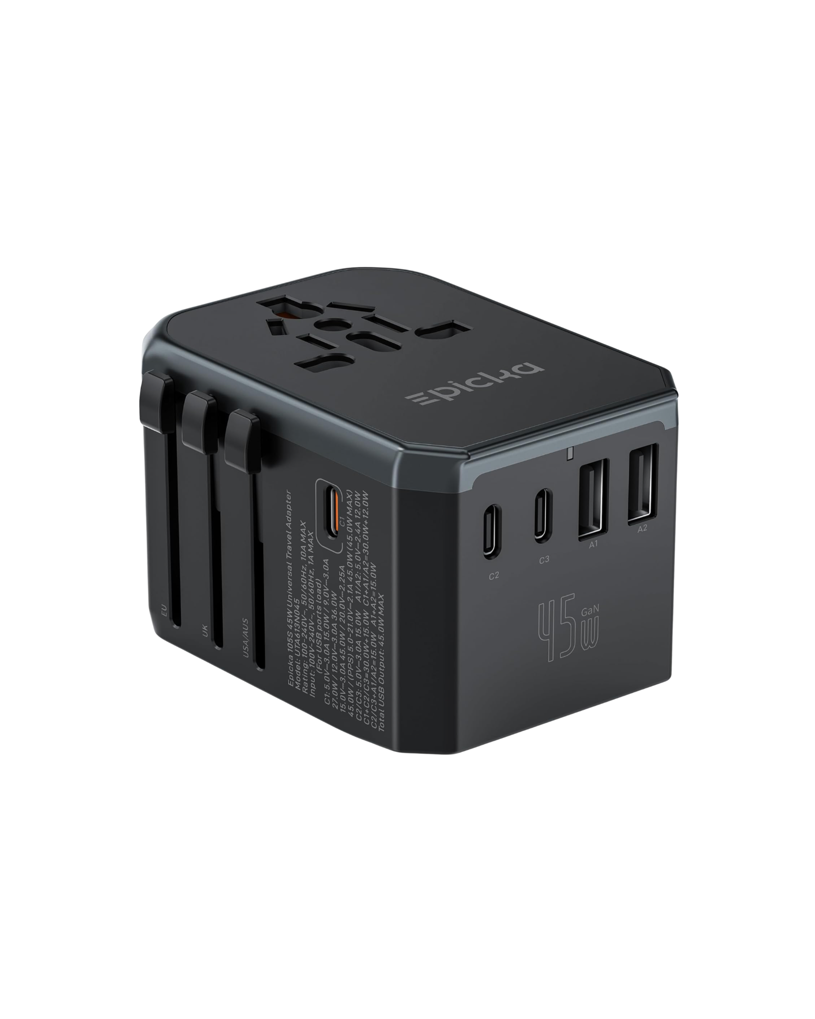 A black universal travel power strip with multiple USB ports and European, UK, US, and Australian power outlets.