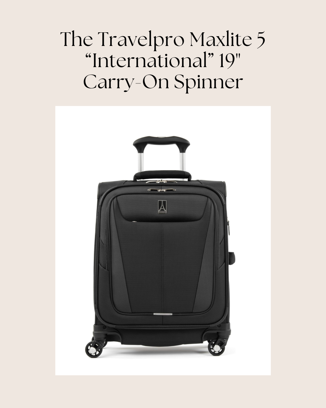 Image of a Travelpro Maxlite 5 international 19-inch carry-on spinner suitcase in gray color with black wheels and handle, set against a white background with text describing the product.