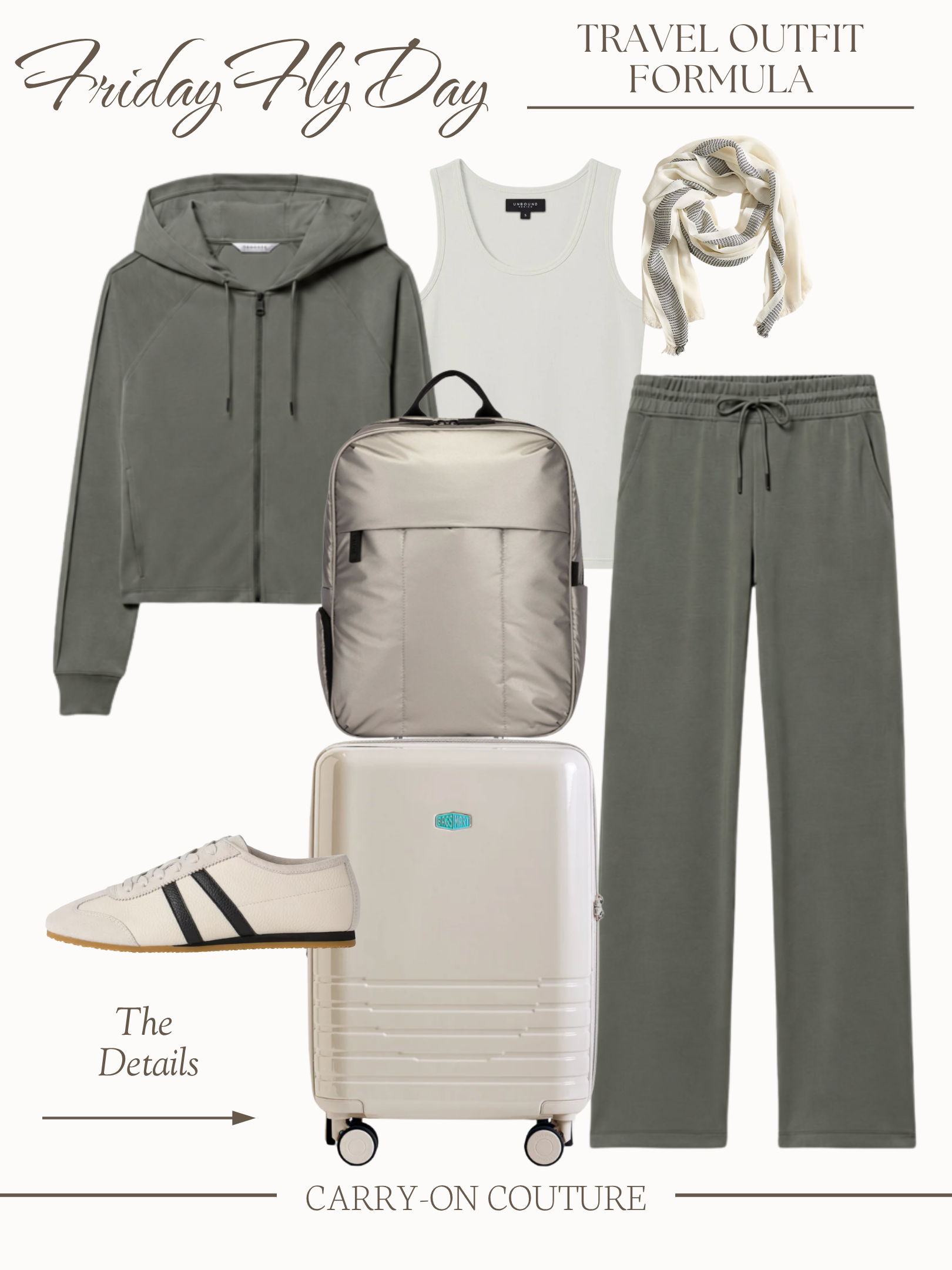 travel outfit matching army green sweatshirt and draw string sweat pants.  White merino wool tank top.  cream and black stripe travel scarf.  Calpak backpack.  Quince italian leather sneakers: white, black stripe detail. Ultralightweight carry-on sui