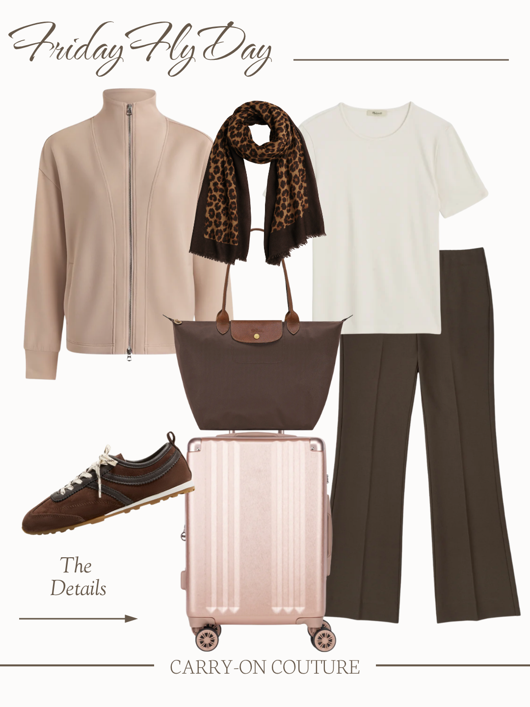Airplane travel outfit.  Chocolate brown AYR Brava ponte knit pants.  Varley zip front sweatshirt.  Madewell T shirt.  Longchap Le pliage tote.  Calpak international size carry on pearly pink. Dolce Vita Viper Sneakers.