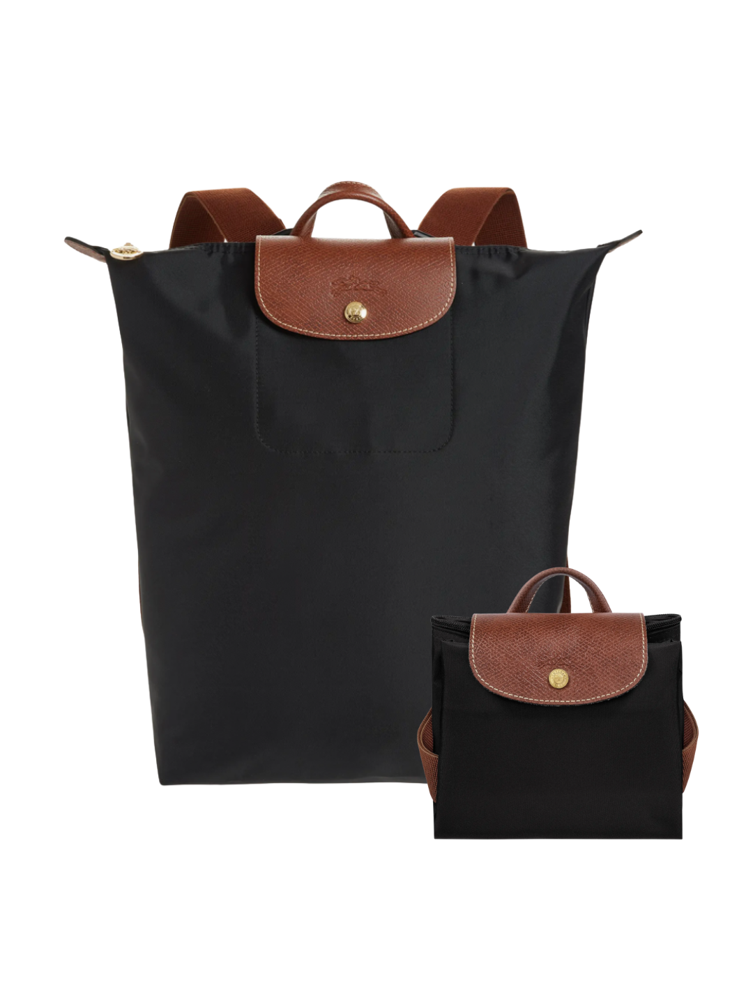 Le Pliage Packable Backpack black with brown flap.  Nylon material, leather accents.