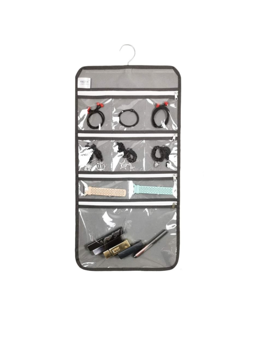 Travel Foldable Jewelry Rolls Bag Hanging Jewelry Organizer with 9 Zippered Clear Pockets Storage Pouch with Rotatable Hanger